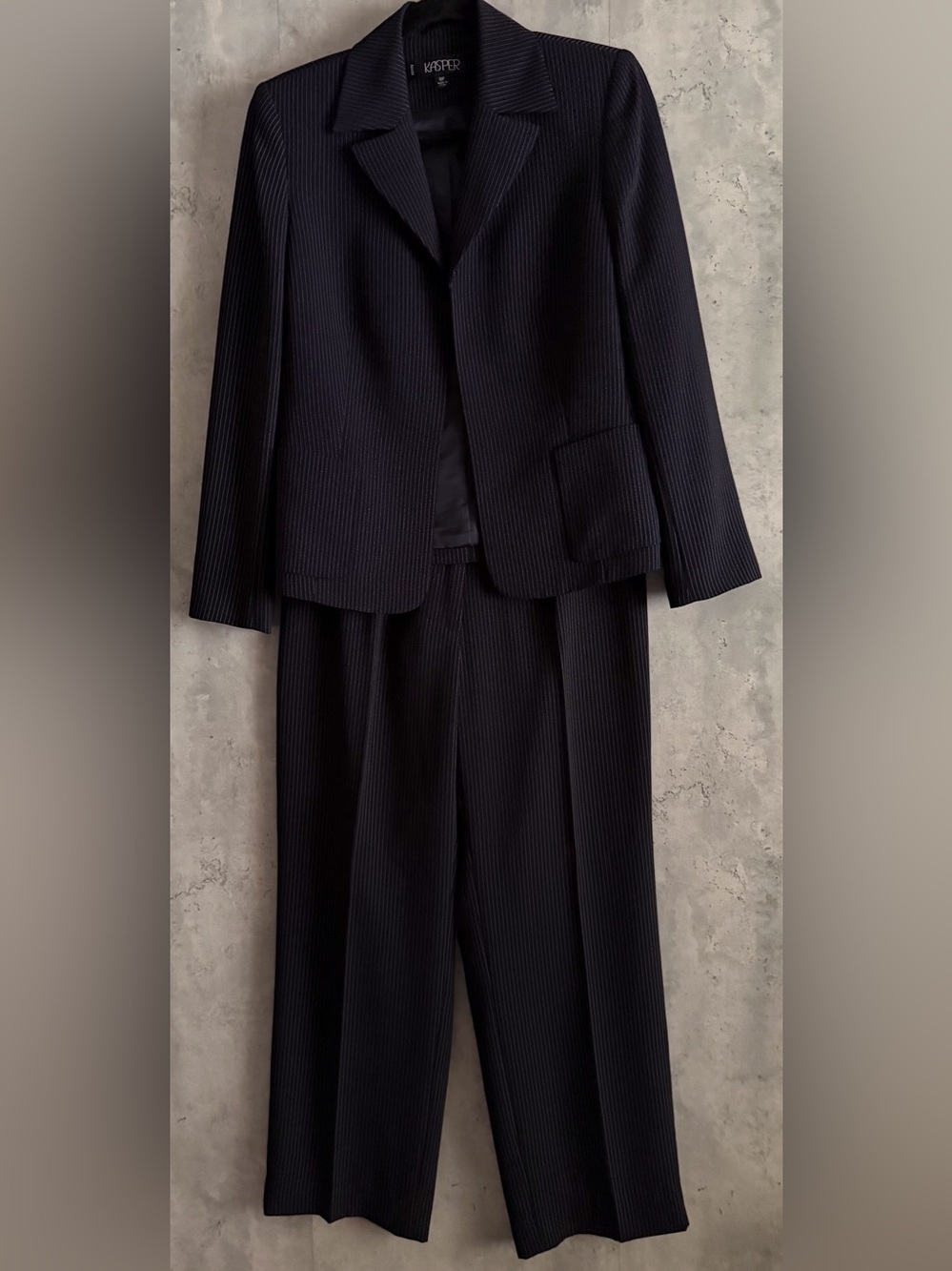 KASPER Women 2pc Business Black Pinstripe Open Jacket/Blazer Pant Suit Sz8p